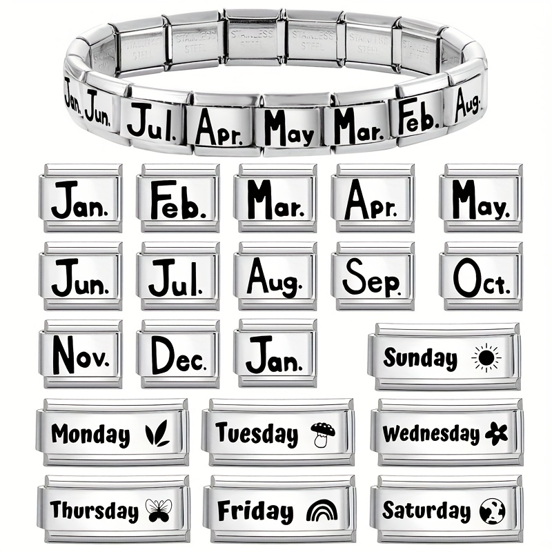 Laser-Engraved Black Lettering Style Bracelet, Months and Days